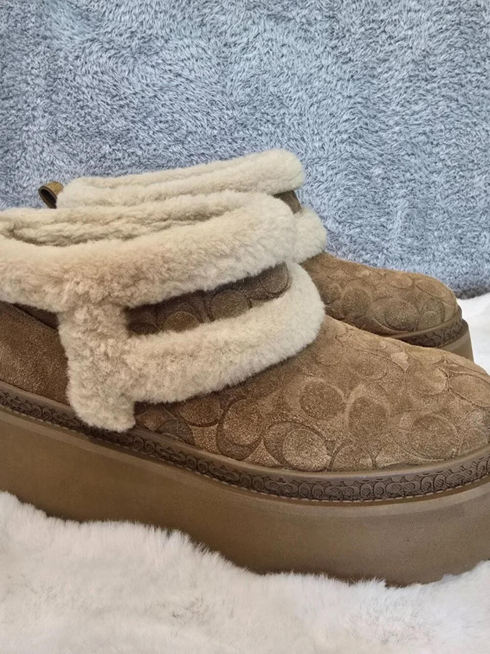 Coach Christina Signature Shearling Platform Booties Brown Suede Women's Size 10